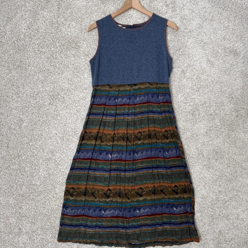 Vintage Karin Stevens Dress Sleeveless Blue Tan Long‎ Sz 12 Aztec